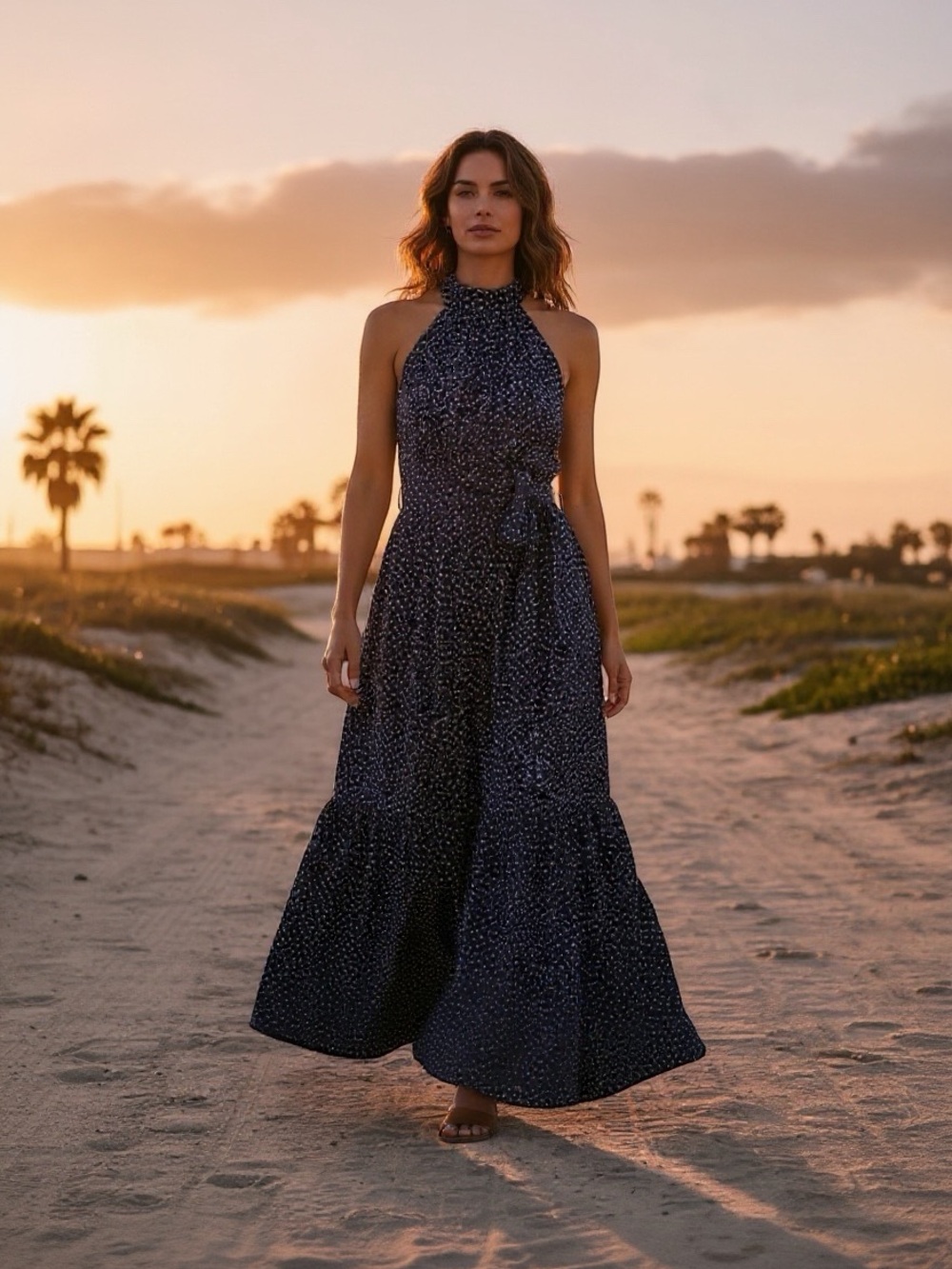 NWT Made With Love Navy Polka Dot Halter Tiered Maxi Dress S
